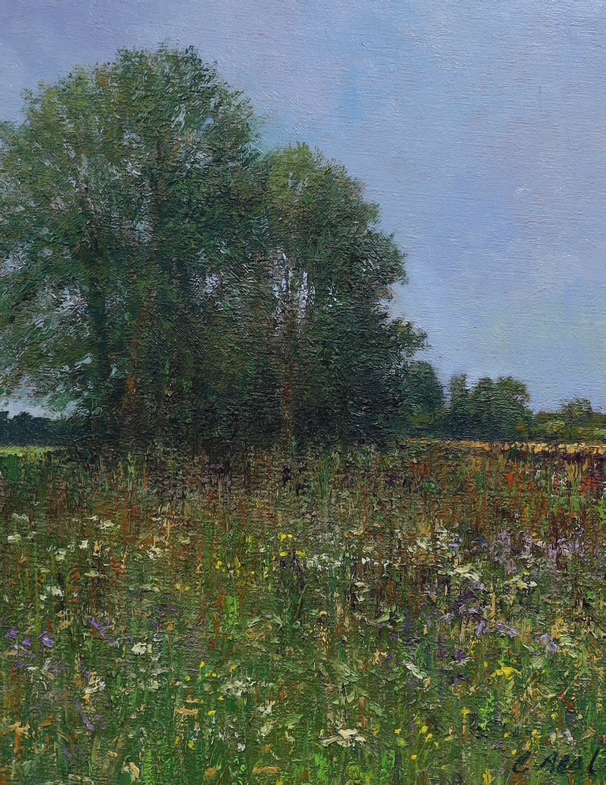 Charles Neal (b.1951), oil on canvas, 'Fallow field, south of Clanfield, Oxfordshire, late afternoon, August'’, signed, label verso, 51 x 41cm